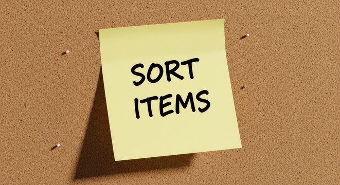 Close-up of a yellow sticky note with the words Sort Items on a cork board.