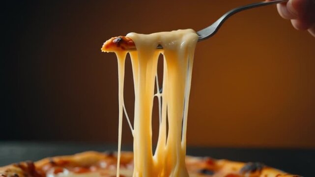 Close-up of cheese strings stretching from a fork to a pizza slice with gooey texture, vibrant colors, cinematic studio lighting, mouthwatering and advertising composition