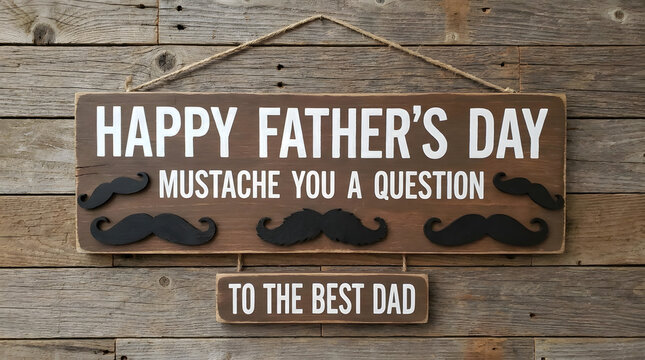 Funny Father's Day wooden sign with mustache pun on rustic background in warm light