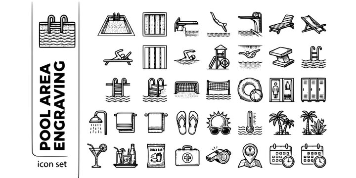 Hotel Pool Area Engraving Black White-Lane Marker Diving Board Lounger-Amenity Vector-Pool Icon Engraving-Hotel Instruction Design Set