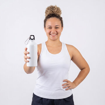 Mulher brasileira, camiseta regata segurando uma garrafa