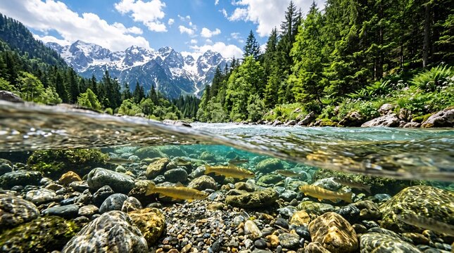 Split level over-under water shot of a crystal clear flowing mountain river showcasing smooth round underwater stones and golden fish below.