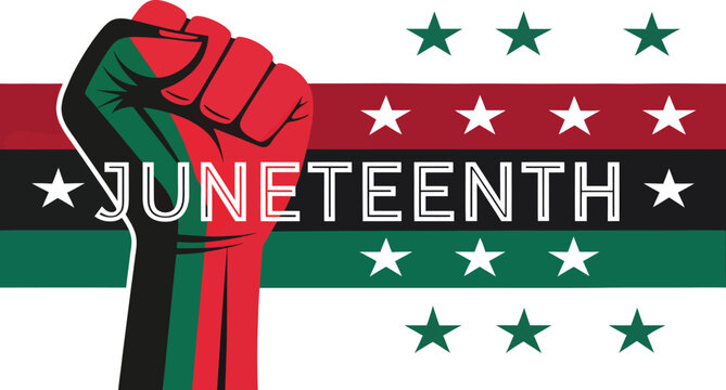 Raised fist silhouette with juneteenth flag and stars on transparent background