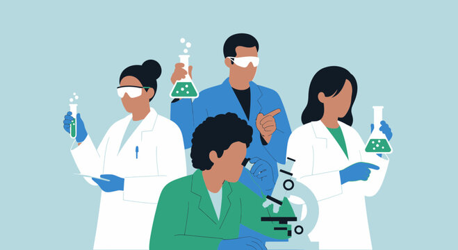 Diverse Scientists Team Working in Laboratory with Microscope and Flasks
