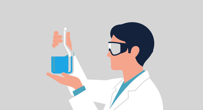 Scientist in Lab Coat Holding Erlenmeyer Flask with Blue Liquid and Goggles