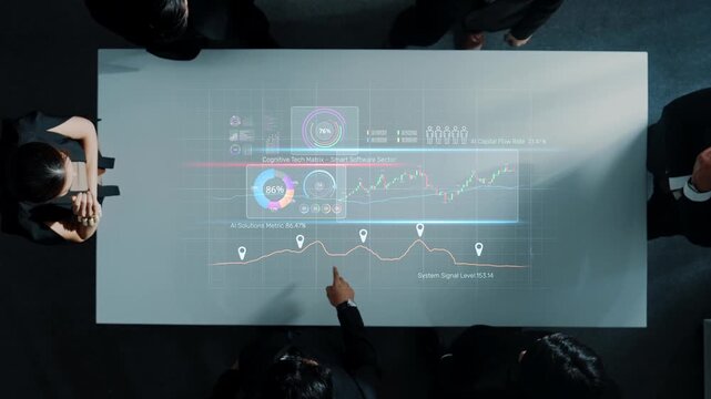 A dynamic business meeting featuring professionals analyzing digital projections of data, statistics, and metrics for insightful decision-making and strategy formulation. Raster