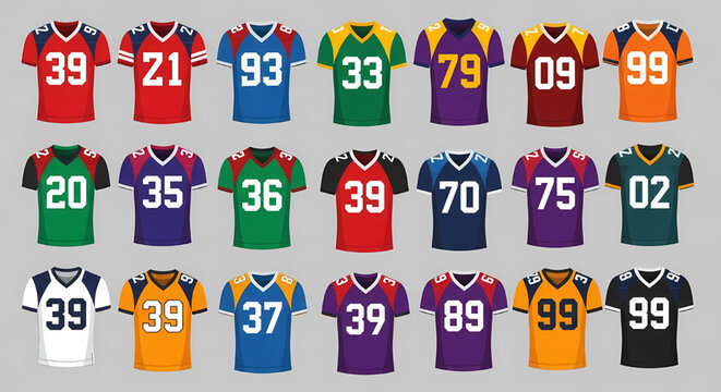Set of colorful American football jerseys