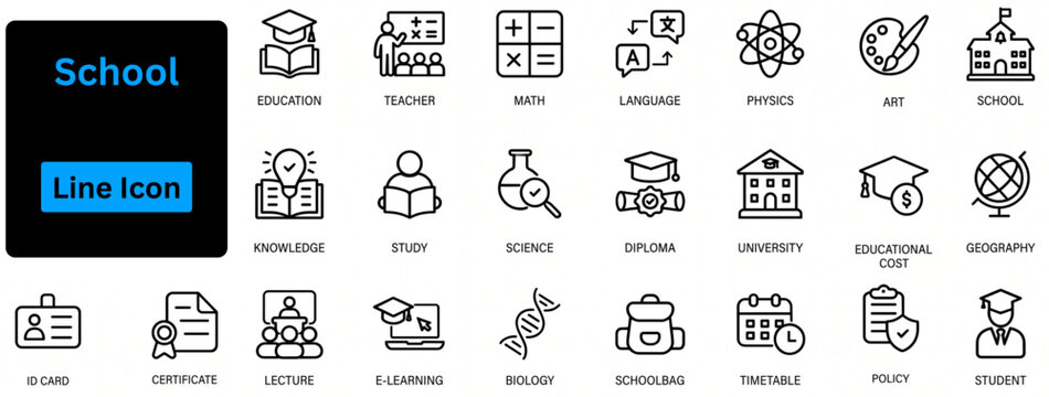 School line icon set. School outline icon set. Back to school icon set. Thin line editable stroke icons for school supplies, education, students, teachers, classroom essentials and learning themes