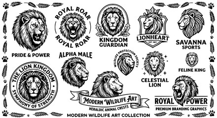 Lion head label set hand drawn sketch vector illustration © Jasim