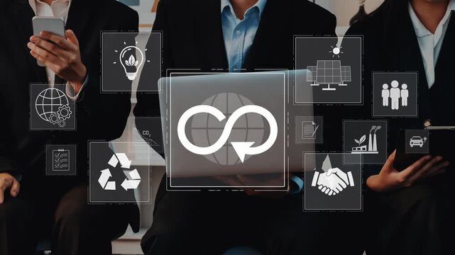 A professional business team collaborates on sustainable practices, illustrated with icons of the circular economy, symbolizing innovation for a better future. Raster