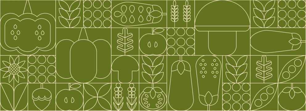 Geometric vegetable pattern in minimalist style. Geometric line drawing. Abstract print background with simple shapes for vegetable shop, food packaging.