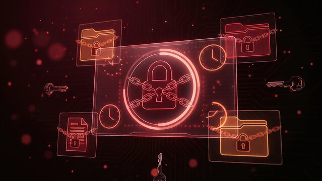 Radiant Red Holographic Padlock Surrounded by Glowing Chained Folders Clock and Floating Keys Toward Security Innovation Perfect for Cybersecurity Advertising and Data Branding