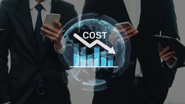 Three business professionals focus on analyzing cost trends using charts and mobile devices, showcasing teamwork and strategic decision making in a corporate setting. Raster