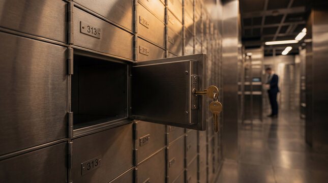 Golden keys illuminate an open safe deposit box 313 in a grand secure financial archive