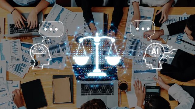 A dynamic business meeting centers on technology and ethics, highlighting artificial intelligence role in legal frameworks with visual analysis and collaboration. Raster