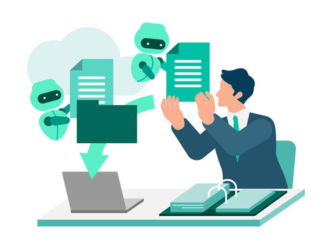 Smart businessman utilizing advanced AI technology for cloud storage document uploading, automated data analysis, voice transcription, and digital file management execution