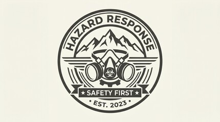 Fototapeta premium Vintage style hazard response safety first logo with mountains and gas mask, established 2023, industrial safety emblem.