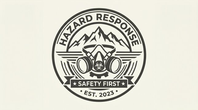 Vintage style hazard response safety first logo with mountains and gas mask, established 2023, industrial safety emblem.