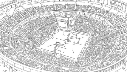 Black and white line art illustration of a crowded sports arena © Rayhan Studio 