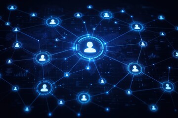 Fototapeta premium A digital representation of a global social network, showing glowing blue user icons interconnected across a world map, symbolizing communication and technology.