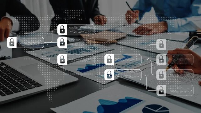 A group of business professionals collaborates in a modern office, focusing on data security and strategy while analyzing charts and sharing ideas. Raster
