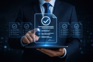 Naklejka premium A businessman uses a tablet to review and sign a digital contract, illustrating a concept of electronic compliance and approval.