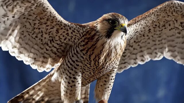 Close Up Falcon Bird Wings Spreading Blue Background Professional Stock Video