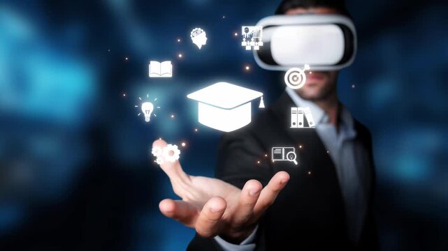 A businessman wears a virtual reality headset, exploring interactive learning through digital icons that represent knowledge and educational concepts, showcasing innovation in technology. Raster