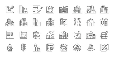 Urban Planning icons in line design. urban, planning, city, architecture, infrastructure, development, buildings on white background vector. Urban Planning editable stroke icon © Bezvershenko