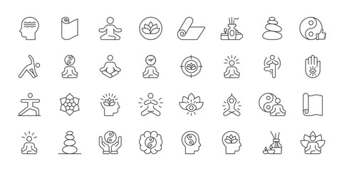 Obraz premium Yoga icons in line design. yoga, meditation, fitness, balance, wellness, mindfulness, exercise on white background vector. Yoga editable stroke icon