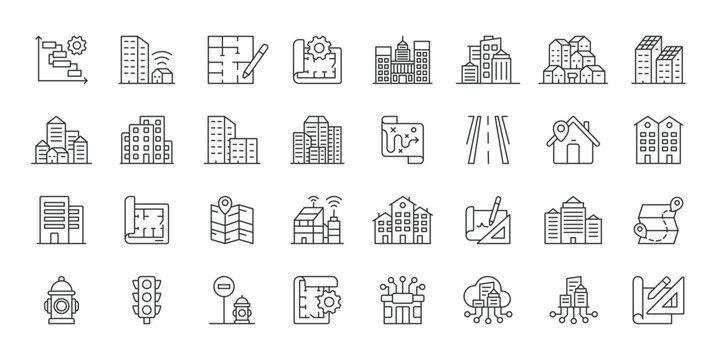Urban Planning icons in line design. urban, planning, city, architecture, infrastructure, development, buildings on white background vector. Urban Planning editable stroke icon