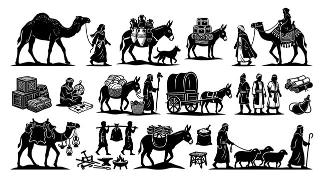 Historical monochrome illustrations depicting ancient trade, showcasing the concept of traditional commerce, nomadic journeys, and pack animal transport