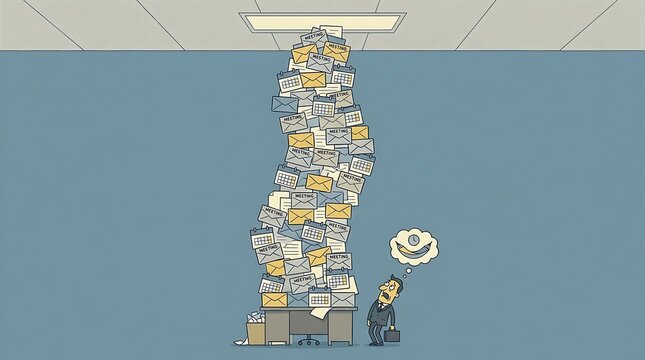 Man at desk overwhelmed by a towering stack of documents and papers