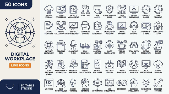Comprehensive collection of 50 digital workplace line icons for modern business solutions and remote work technology, illustrating the future of office environments and efficient collaboration