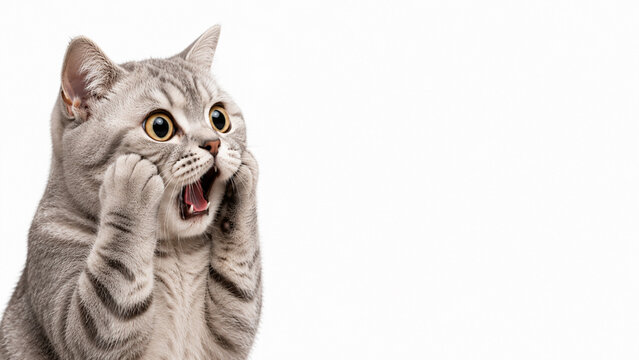 Shocked reaction grey tabby cat with hands on cheeks