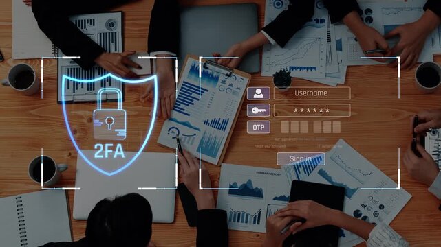 Team engages in a business meeting focused on cybersecurity strategies. The image highlights two-factor authentication alongside data analysis for enhanced security measures. Raster