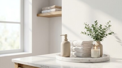 Minimalist bathroom counter with towels, soap dispenser and candle