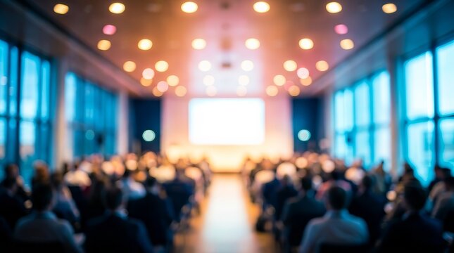 A scientific conference theme background with abstract bokeh and large presentation screen.
