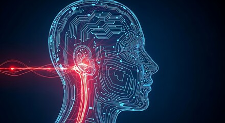 Obraz premium Digital human head profile with circuit board pattern and neural network