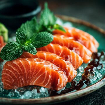 Delicious salmon sushi garnished with mint.