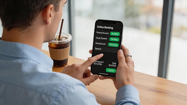 Man using online banking app on smartphone, checking personal account balance and pending payments in modern cafe lifestyle setting.