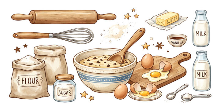 Watercolor baking ingredients and utensils set with rolling pin mixing bowl flour milk eggs and butter isolated on white background