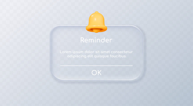 Realistic liquid glass reminder notification popup window and bell. Modern UI interface element isolated on transparent background. Minimalist design with glowing effect. Vector illustration