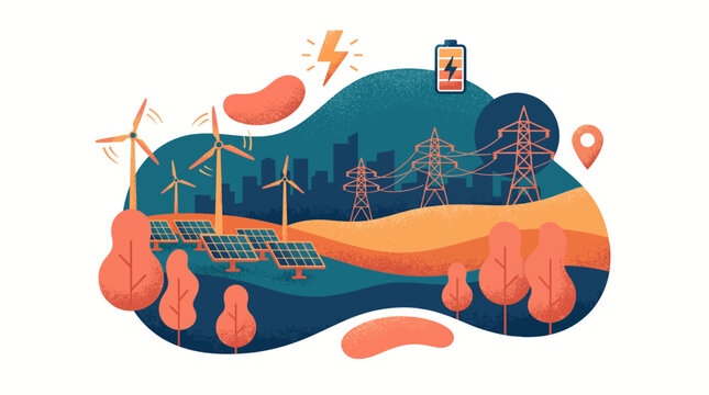 Renewable energy sources power a sustainable cityscape with wind turbines and solar panels