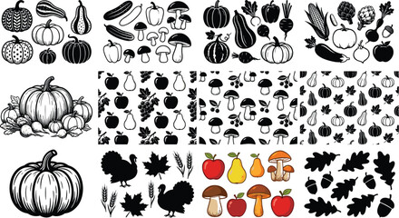Autumn harvest vector bundle featuring thanksgiving pumpkin icons seamless patterns turkey silhouette mushrooms and hand drawn fall vegetables illustration © MdSaiful
