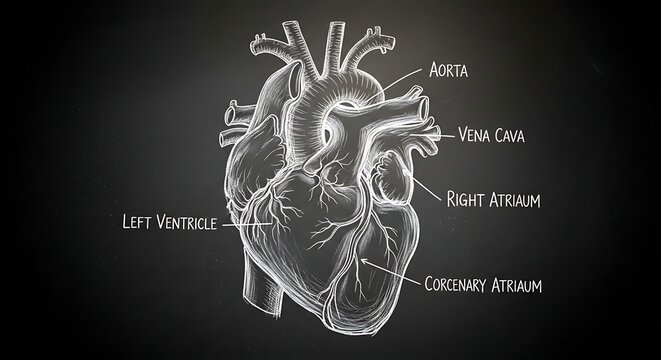 Detailed anatomical diagram of the human heart labeled.