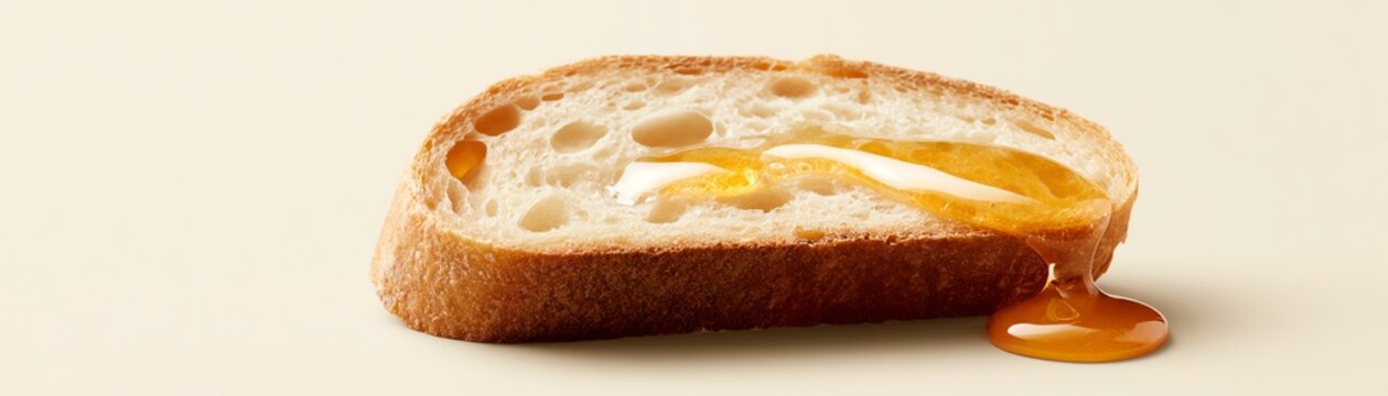 Fresh bread slice with honey drizzle.
