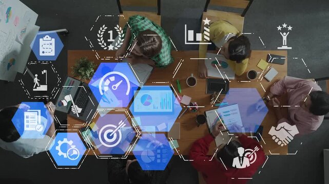 KPI icons show performance metrics, goals, and achievement measurement. KPI helps business track progress, KPI supports management, and KPI improves strategy results. Funnel