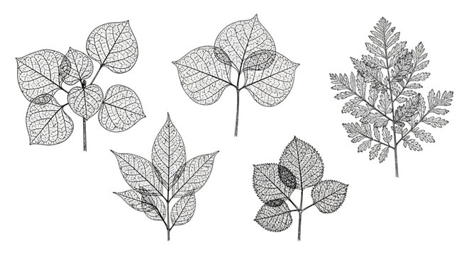 detailed leaf skeleton botanical illustrations showing intricate vein patterns for natural science and organic design projects
