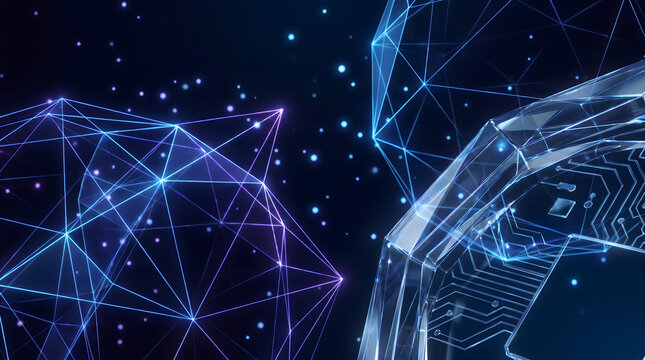 Futuristic digital network with glowing circuit board and data plexus